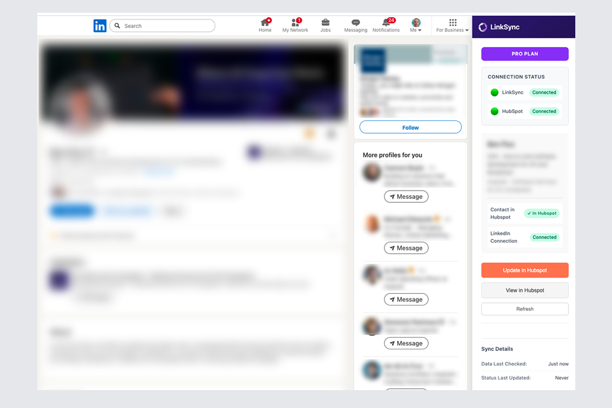 LinkedIn sidebar showing synced contact data